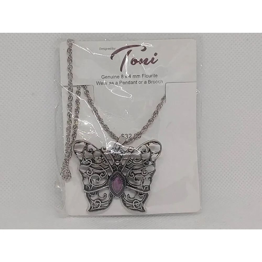 Toni Silver Fluorite Butterfly Brooch Or Pendant Necklace